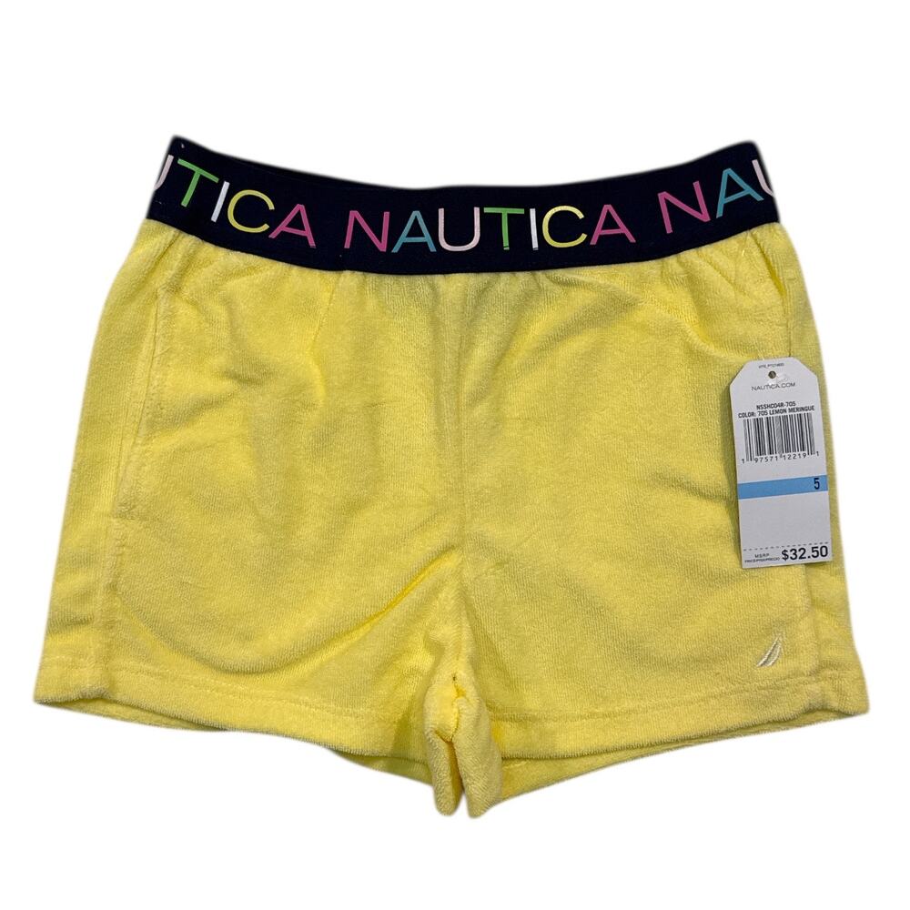 Nautica Girls Terry Cloth Pull On Shorts Yellow Logo Waist Size 5 Summer NWT